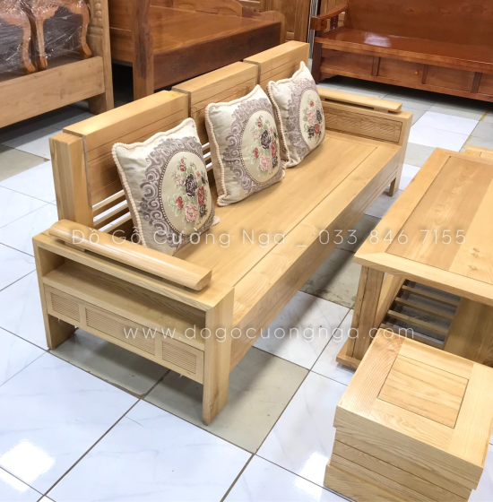 Bộ Ghế Sofa Văng Gỗ Sồi Nga Tay Trứng 2m Màu Tự Nhiên 