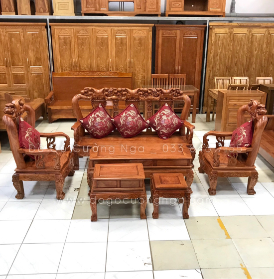 Bộ salon gỗ hương đá chạm đào tay 10 - 6 món cao cấp 