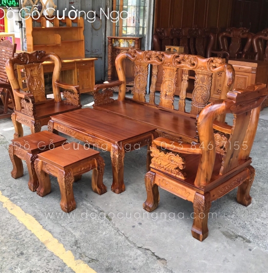 Bộ bàn ghế salon gỗ tràm tay 10 - 6 món màu cánh dán 