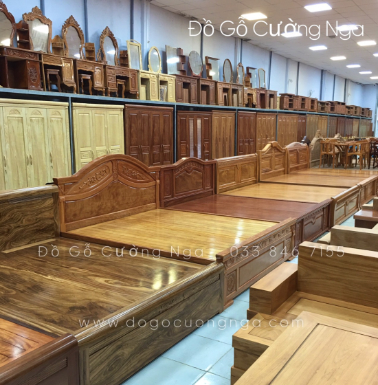 Giường gỗ gõ đỏ vạt phản - quạt x cong 