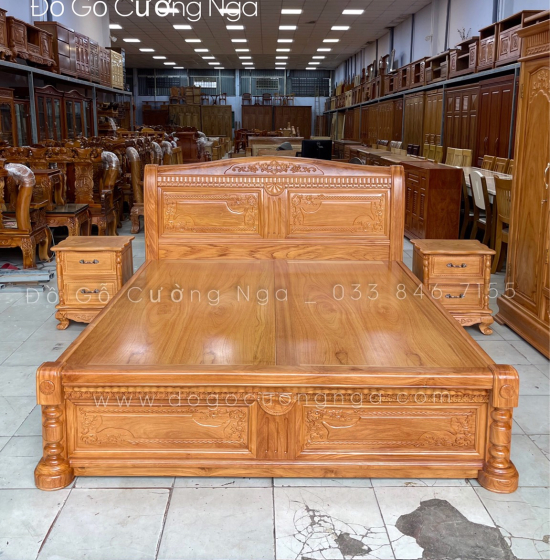 Giường gỗ gõ đỏ vạt phản - quạt x cong 