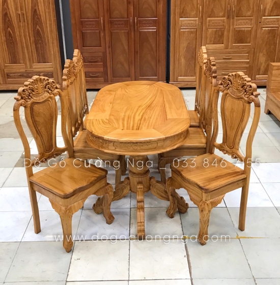 Bộ bàn ăn gỗ gõ đỏ 6 ghế cao cấp - mẫu ovan 
