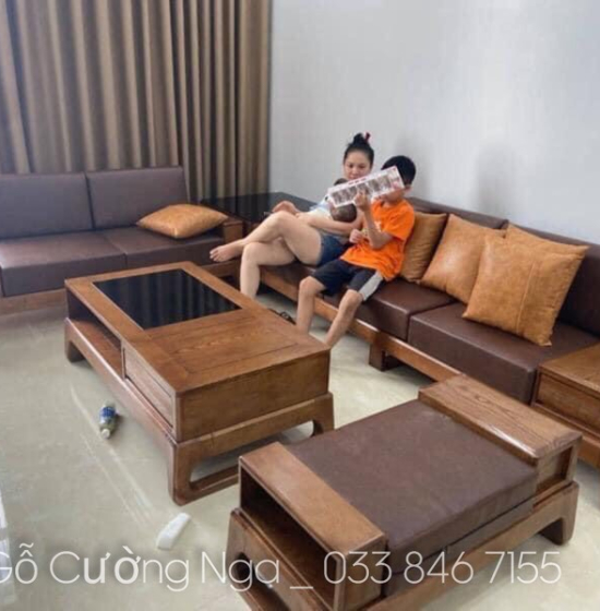 Bộ bàn ghế sofa 2 văng chân hươu gỗ sồi nga - màu óc chó 