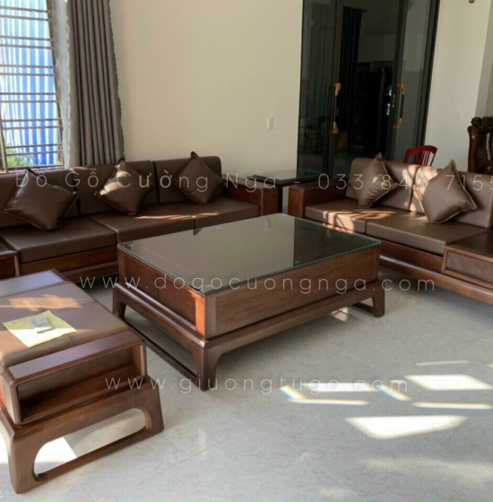 Bộ bàn ghế sofa 2 văng chân hươu gỗ sồi nga - màu óc chó 