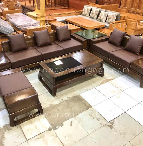 Bộ bàn ghế sofa 2 văng chân hươu gỗ sồi nga - màu óc chó 