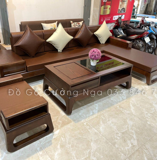 Bộ Bàn Ghế Sofa Góc L Gỗ Sồi Nga Màu Óc Chó Kèm Nệm - Vế Phải