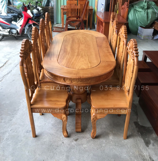 Bộ Bàn Ăn Gỗ Gõ Đỏ Cao Cấp 8 Ghế Mẫu Ovan Đẹp Đẳng Cấp 