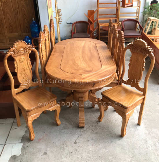 Bộ Bàn Ăn Gỗ Gõ Đỏ Cao Cấp 8 Ghế Mẫu Ovan Đẹp Đẳng Cấp 