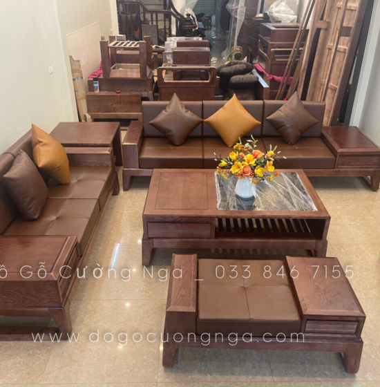 Bộ bàn ghế sofa 2 văng chân hươu gỗ sồi nga - màu óc chó 