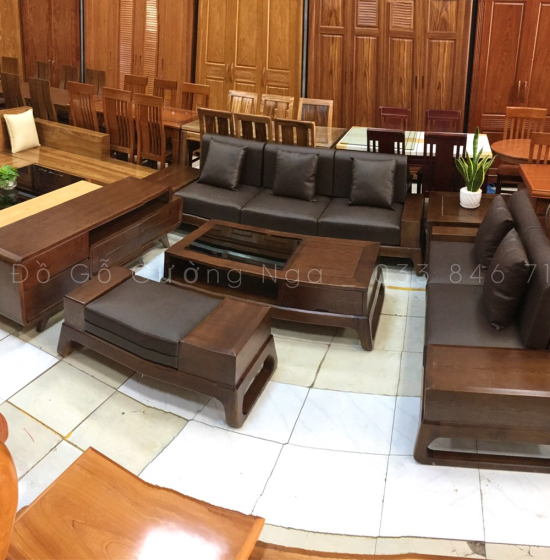 Bộ bàn ghế sofa 2 văng chân hươu gỗ sồi nga - màu óc chó 