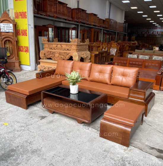 Bộ Bàn Ghế Sofa Gỗ Sồi Nga Lau Màu Óc Chó - Chân Cuốn Vế Trái 