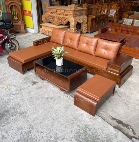 Bộ Bàn Ghế Sofa Gỗ Sồi Nga Lau Màu Óc Chó - Chân Cuốn Vế Trái 