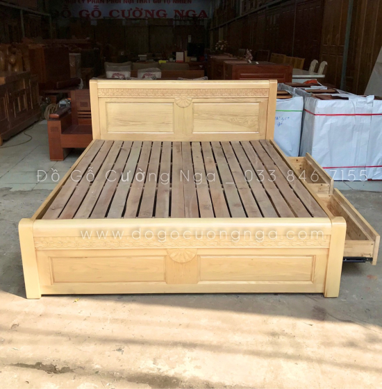 Giường ô kéo gỗ sồi nga vạt phản - mẫu quạt 