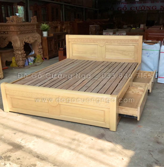 Giường ô kéo gỗ sồi nga vạt phản - mẫu quạt 