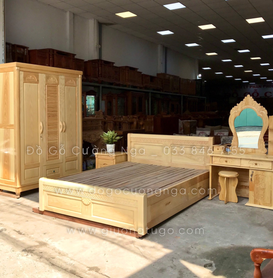 Giường ô kéo gỗ sồi nga vạt phản - mẫu quạt 