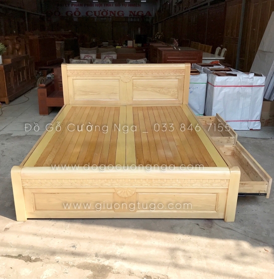 Giường gỗ sồi 2 ngăn kéo hiên đại mẫu quạt 