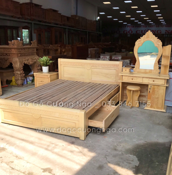 Giường ô kéo gỗ sồi nga vạt phản - mẫu quạt 