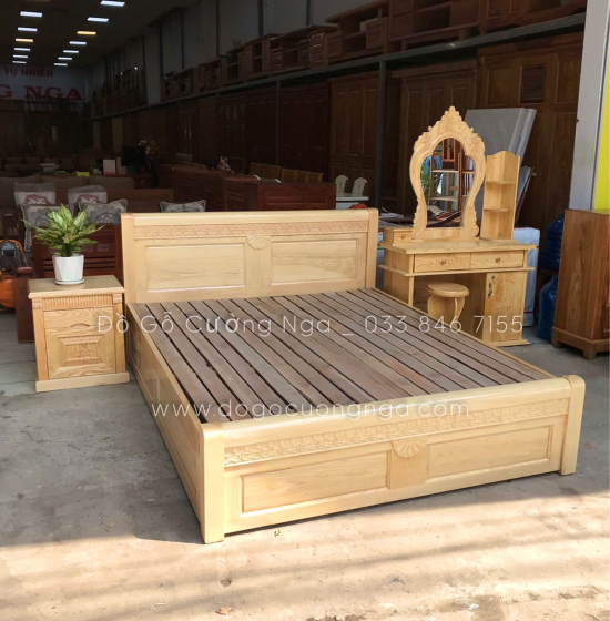 Giường ô kéo gỗ sồi nga vạt phản - mẫu quạt 