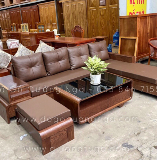 Bộ Ghế Sofa Gỗ Sồi Nga Lau Màu Óc Chó Kèm Nệm Chân Cuốn - Vế Phải 