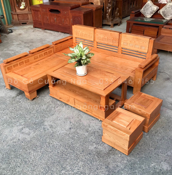 Bộ Bàn Ghế Sofa Góc L Gỗ Sồi Nga 2mx1m8 Lau Màu Gõ Đỏ - Tay Trứng 
