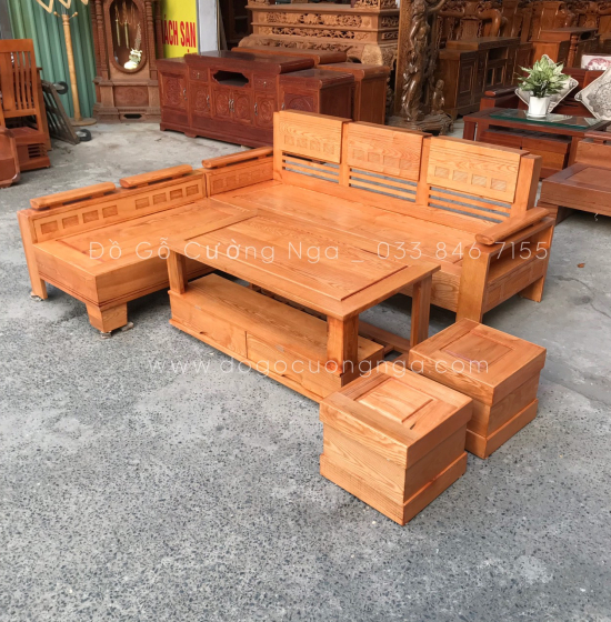 Bộ Bàn Ghế Sofa Góc L Gỗ Sồi Nga 2mx1m8 Lau Màu Gõ Đỏ - Tay Trứng 