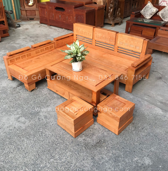 Bộ Bàn Ghế Sofa Góc L Gỗ Sồi Nga 2mx1m8 Lau Màu Gõ Đỏ - Tay Trứng 