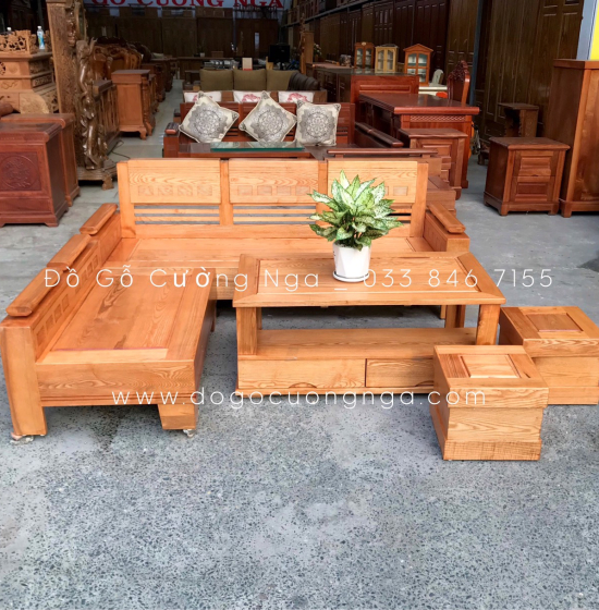 Bộ Bàn Ghế Sofa Góc L Gỗ Sồi Nga 2mx1m8 Lau Màu Gõ Đỏ - Tay Trứng 