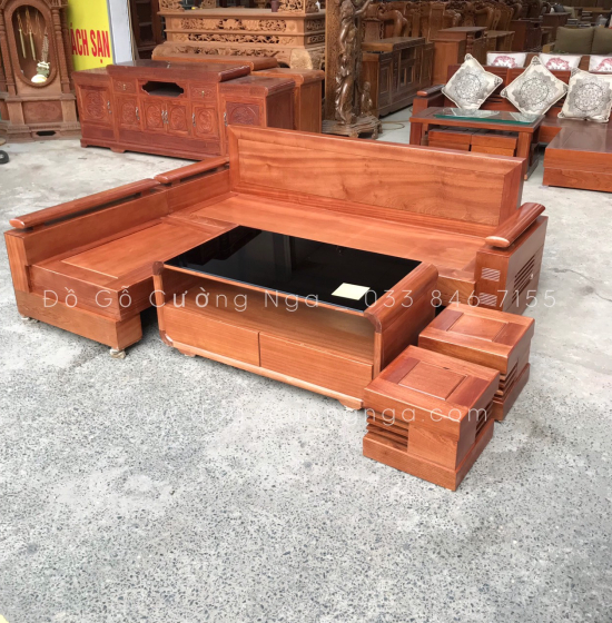 Bàn Ghế Sofa Góc L Gỗ Xoan Đào 2m1x1m6 Bàn Bom Hiện Đại 