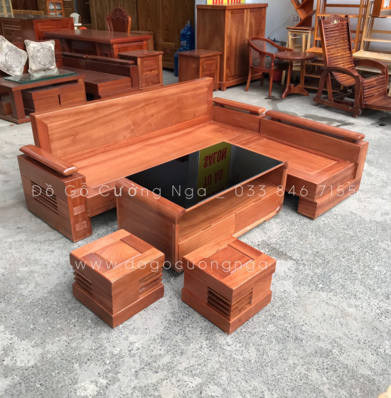 Bàn Ghế Sofa Góc L Gỗ Xoan Đào 2m1x1m6 Bàn Bom Hiện Đại 