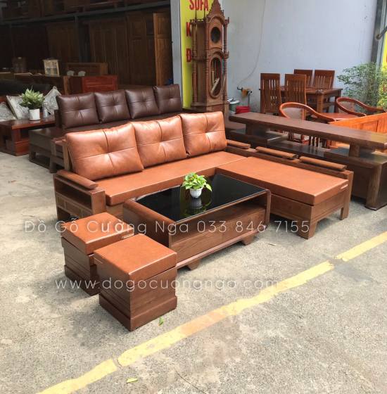 Bộ Ghế Sofa Góc L Gỗ Sồi Nga Màu Óc Chó Kèm Nệm Hiện Đại 2mx1m8 