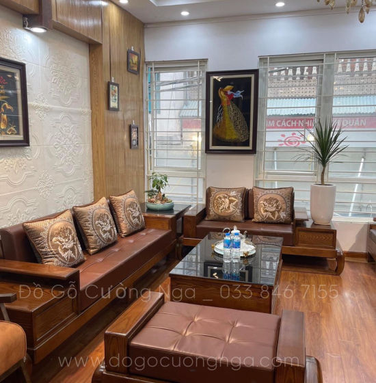 Bộ Bàn Ghế Sofa Gỗ Sồi Nga 2 Văng Hiện Đại 