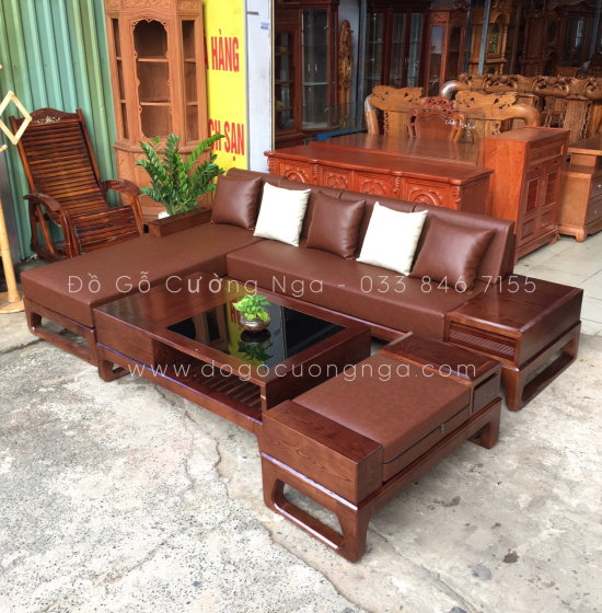  Bàn Ghế Sofa Gỗ Sồi Nga Lau Màu Óc Chó Góc L - Chân Hươu Kèm Nệm 