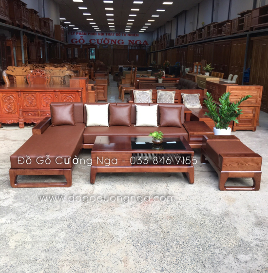  Bàn Ghế Sofa Gỗ Sồi Nga Lau Màu Óc Chó Góc L - Chân Hươu Kèm Nệm 