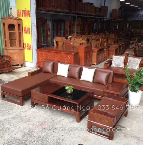  Bàn Ghế Sofa Gỗ Sồi Nga Lau Màu Óc Chó Góc L - Chân Hươu Kèm Nệm 