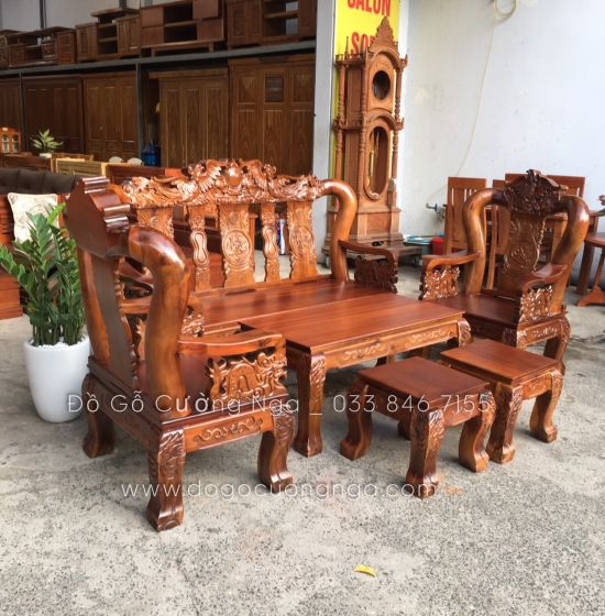 Bộ bàn ghế gỗ tràm tay 12 chạm rồng phượng 
