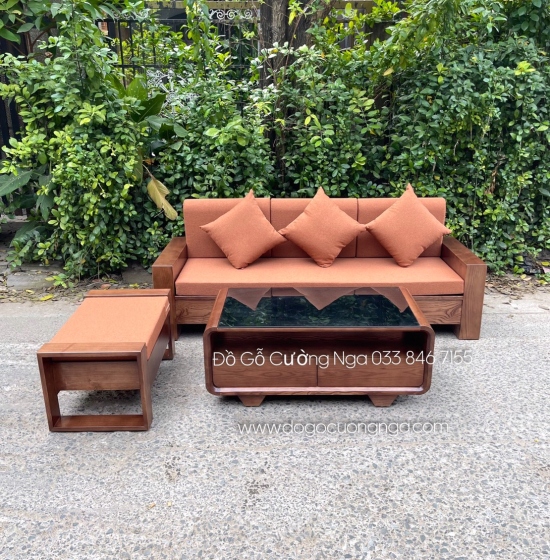 Bộ Ghế Sofa Văng Gỗ Sồi Nga Lau Màu Óc Chó Hiện Đại 