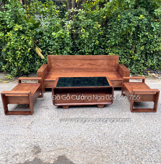 Bộ Ghế Sofa Văng Gỗ Sồi Nga Lau Màu Óc Chó Hiện Đại 