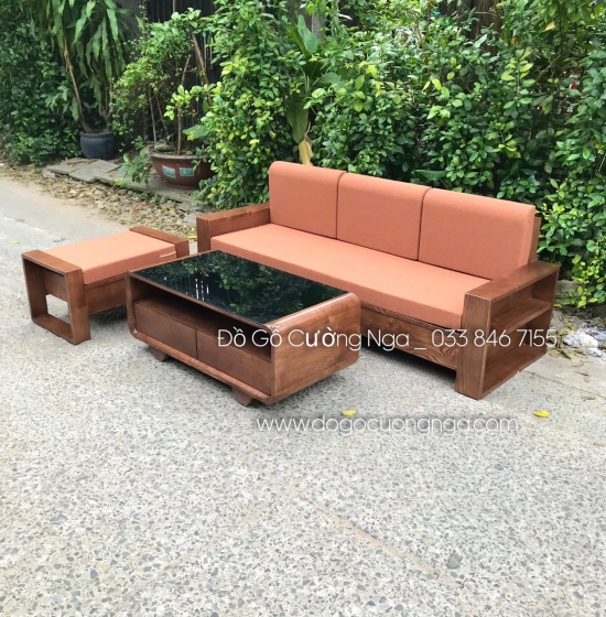 Bộ ghế sofa văng gỗ sồi nga lau màu óc chó hiện đại 