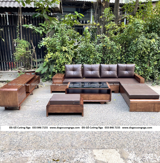 Bộ Ghế Sofa Gỗ Sồi Nga Lau Màu Óc Chó Kèm Nệm Chân Cuốn - Vế Phải 