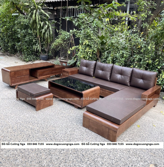 Bộ Ghế Sofa Gỗ Sồi Nga Lau Màu Óc Chó Kèm Nệm Chân Cuốn - Vế Phải 