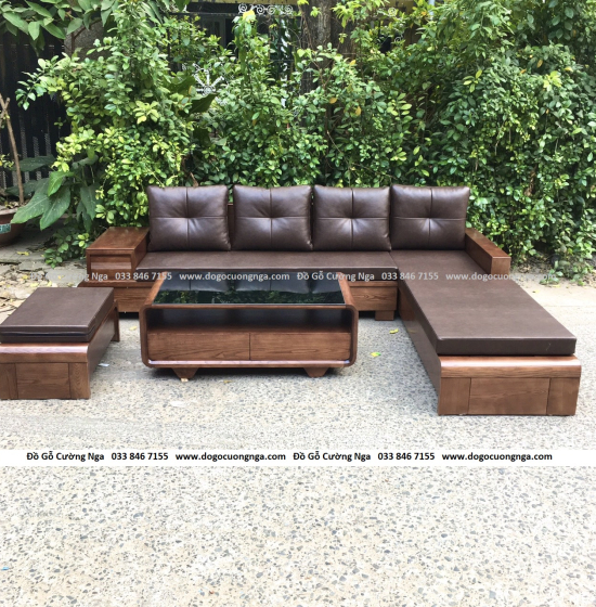 Bộ Ghế Sofa Gỗ Sồi Nga Lau Màu Óc Chó Kèm Nệm Chân Cuốn - Vế Phải 