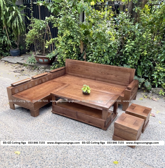 Bộ Bàn Ghế Sofa Gỗ Sồi Nga Màu Óc Chó 2mx1m8 - Tựa Liền 