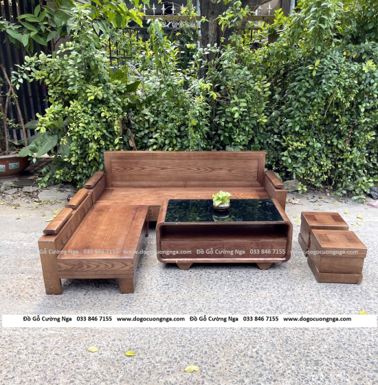 Bộ Ghế Sofa Góc L Gỗ Sồi Nga Màu Óc Chó Kèm Nệm Hiện Đại 2mx1m8 