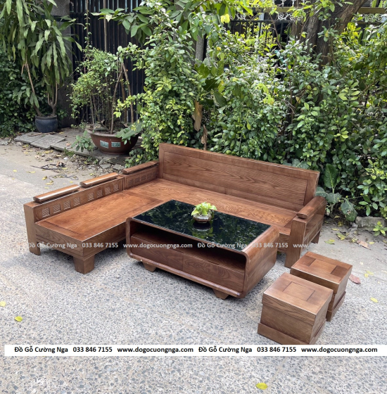 Bộ Ghế Sofa Góc L Gỗ Sồi Nga Màu Óc Chó Kèm Nệm Hiện Đại 2mx1m8 