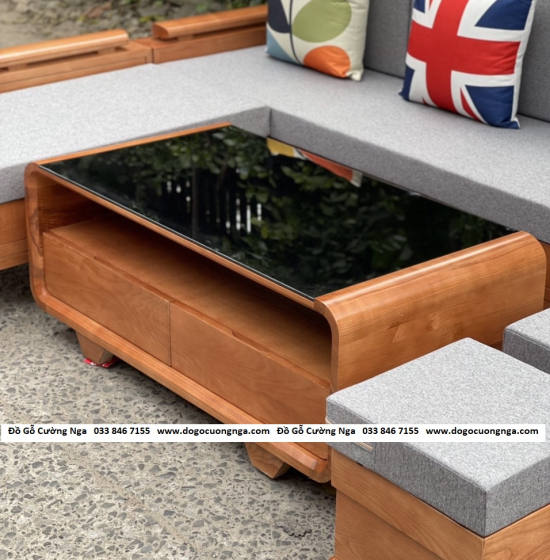 Bàn Ghế Sofa Văng Gỗ Sồi Nga Kèm Nệm Hiện Đại Màu Xoan 