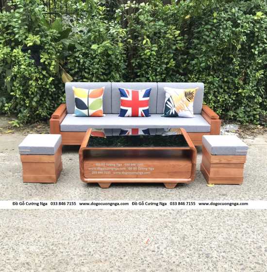 Bàn Ghế Sofa Văng Gỗ Sồi Nga Kèm Nệm Hiện Đại Màu Xoan 