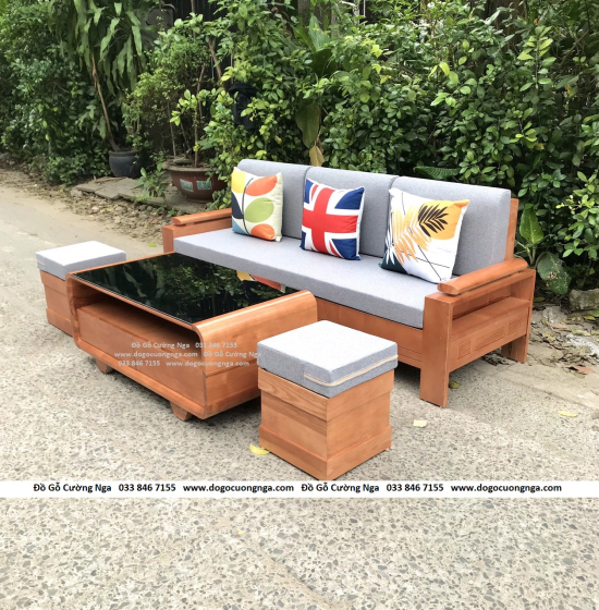 Bàn Ghế Sofa Văng Gỗ Sồi Nga Kèm Nệm Hiện Đại Màu Xoan 
