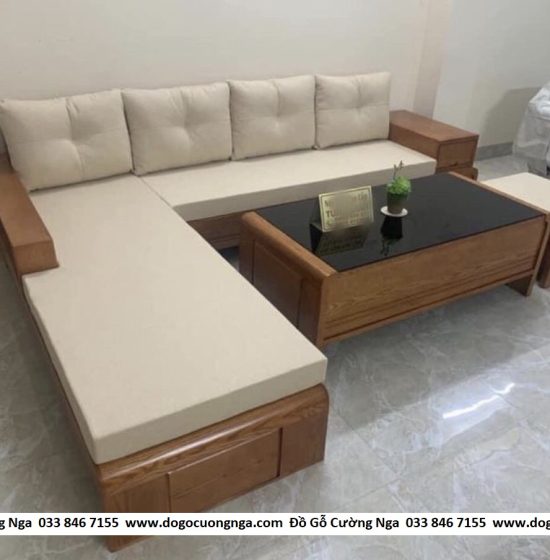 Bộ Sofa Gỗ Hương Xám Góc L Chân Cuốn ( Tặng Nệm )