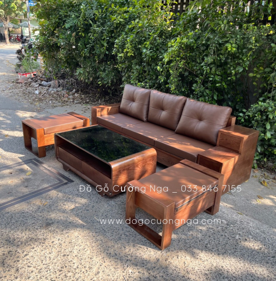 Bàn Ghế Sofa Văng Gỗ Sồi Nga 2m3 Màu Óc Chó - Nệm Da 