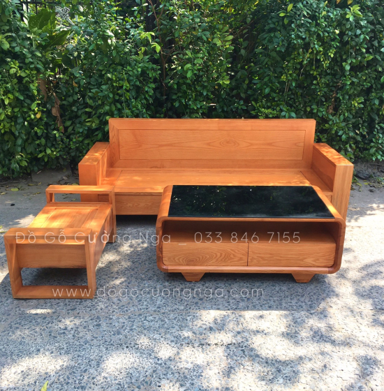 Bộ Ghế Sofa Văng 2m Gỗ Sồi Nga Lau Màu Gõ Đỏ - Kèm Nệm 